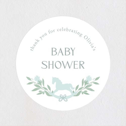 This is a celeste baby shower favor labels with standard by Melinda Denison called baby shower wreath printing on uncoated sticker paper in sticker