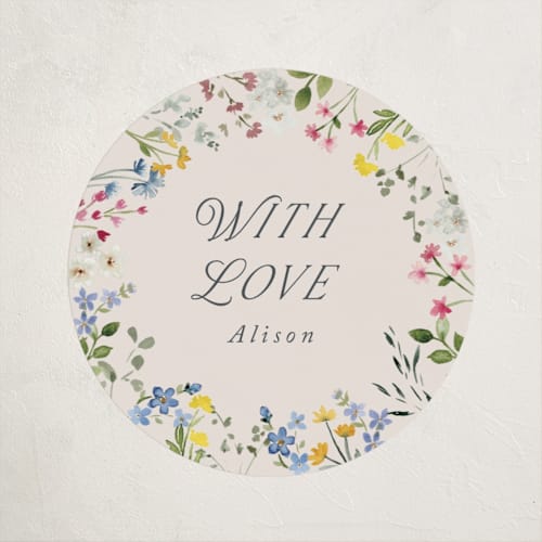 This is a meadow baby shower favor labels with standard by Petra Kern called belle printing on uncoated sticker paper in sticker