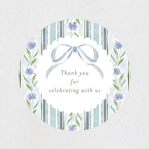 This is a cotswolds baby shower favor labels with standard by Jackie Crawford called wildflower ribbon printing on uncoated sticker paper in sticker