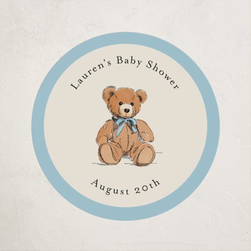 This is a frost baby shower favor labels with standard by Becky Nimoy called antique teddy bear printing on uncoated sticker paper in sticker
