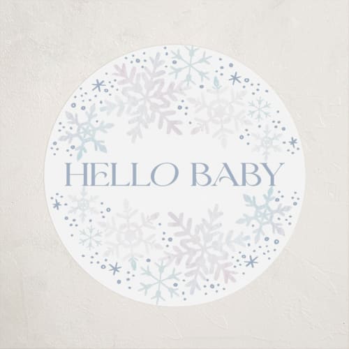This is a bluebell baby shower favor labels with standard by Alethea and Ruth called winter baby snowflakes printing on uncoated sticker paper in sticker