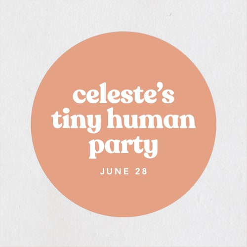 This is a peach baby shower favor labels with standard by Robert and Stella called it's an event printing on uncoated sticker paper in sticker