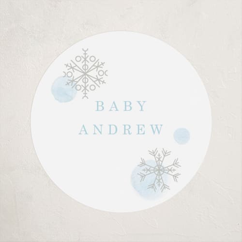 This is a glacier baby shower favor labels with standard by Baumbirdy called snowflakes printing on uncoated sticker paper in sticker