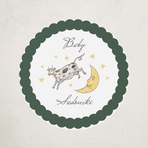 This is a dandelion baby shower favor labels with standard by Heather Schertzer called over the moon printing on uncoated sticker paper in sticker