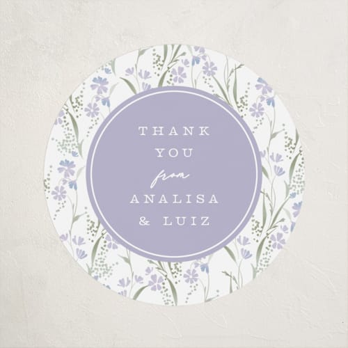 This is a lilac baby shower favor labels with standard by Erin L. Wilson called lottie printing on uncoated sticker paper in sticker