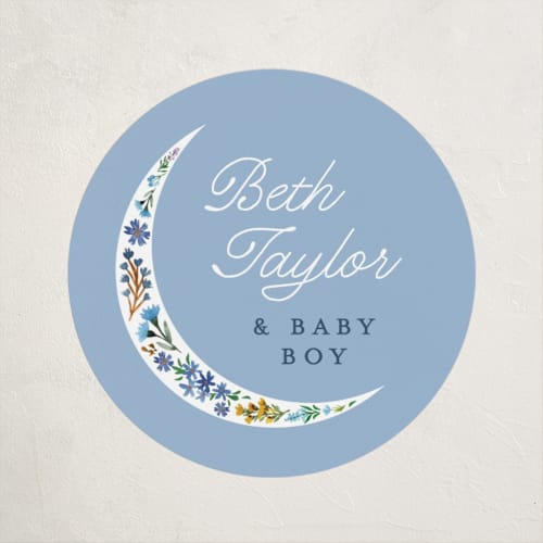 This is a moon flower baby shower favor labels with standard by Alethea and Ruth called floral moon printing on uncoated sticker paper in sticker