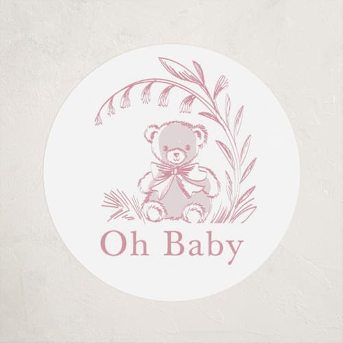 This is a blush baby shower favor labels with standard by Teju Reval called baby toile printing on uncoated sticker paper in sticker