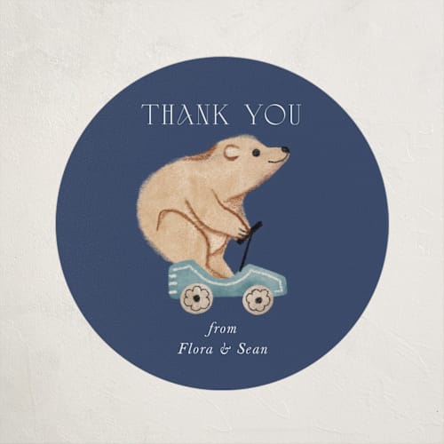 This is a navy baby shower favor labels with standard by Vivian Yiwing called woodland cars printing on uncoated sticker paper in sticker