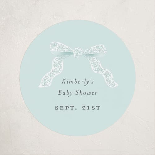 This is a tiffany blue baby shower favor labels with standard by Paper Raven Co. called dainty printing on uncoated sticker paper in sticker