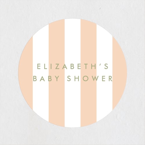 This is a peach baby shower favor labels with standard by Baumbirdy called boardwalk printing on uncoated sticker paper in sticker