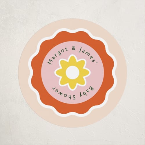 This is a sunshine baby shower favor labels with standard by Hudson meet Rose called scout badges printing on uncoated sticker paper in sticker