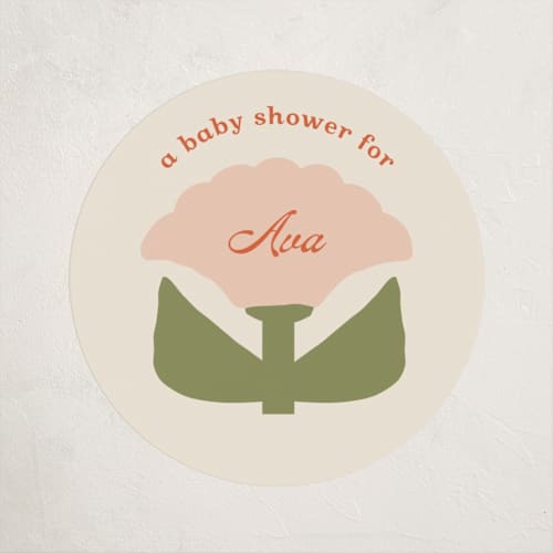 This is a peony baby shower favor labels with standard by Lisa McLean called tulip printing on uncoated sticker paper in sticker