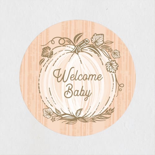 This is a peach baby shower favor labels with standard by Paper Sun Studio called little pumpkin printing on uncoated sticker paper in sticker