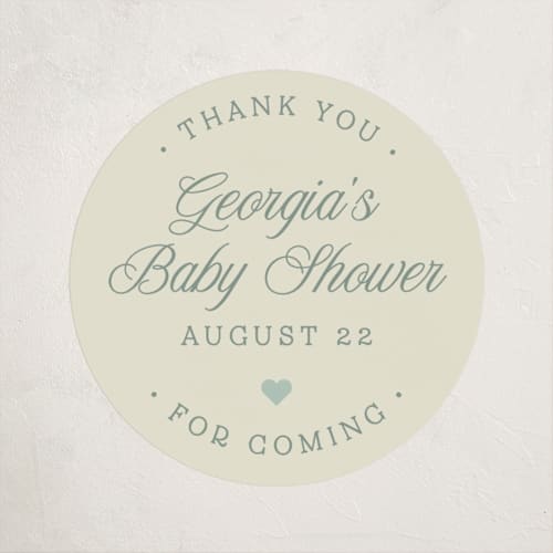This is a seafoam baby shower favor labels with standard by Robert and Stella called brooke printing on uncoated sticker paper in sticker
