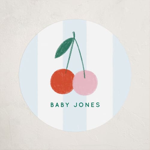 This is a blue sky baby shower favor labels with standard by Kiersten Garner called tiny cherry on top printing on uncoated sticker paper in sticker
