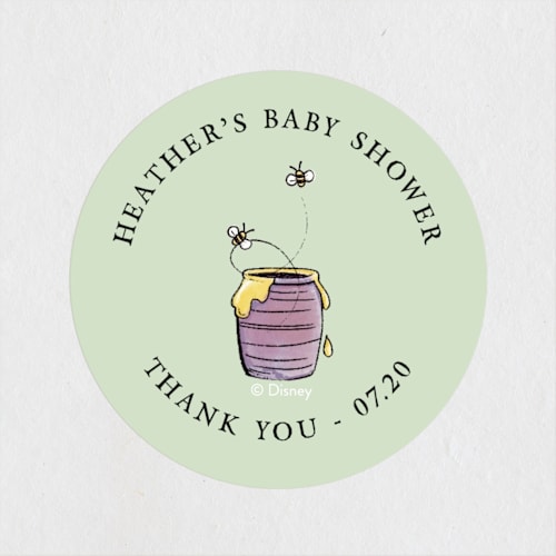 This is a sky baby shower favor labels with standard by Becky Nimoy called disney's winnie the pooh in the wood printing on uncoated sticker paper in sticker