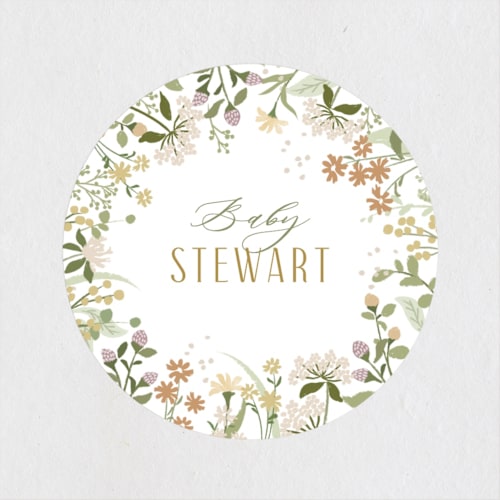 This is a blush baby shower favor labels with standard by Jennifer Wick called summer wildflowers printing on uncoated sticker paper in sticker