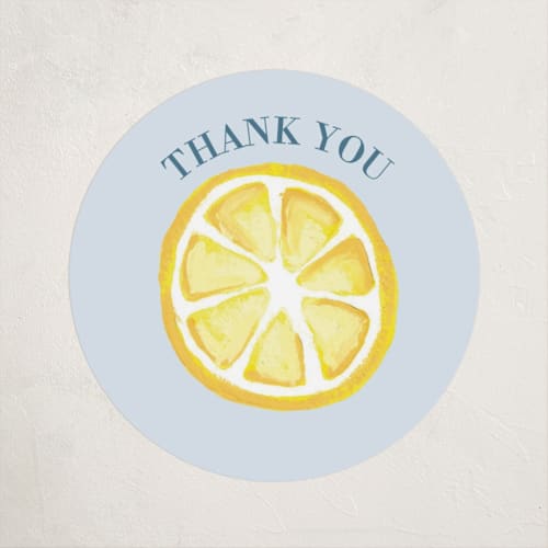This is a pale blue baby shower favor labels with standard by Megan Cash called lemons printing on uncoated sticker paper in sticker