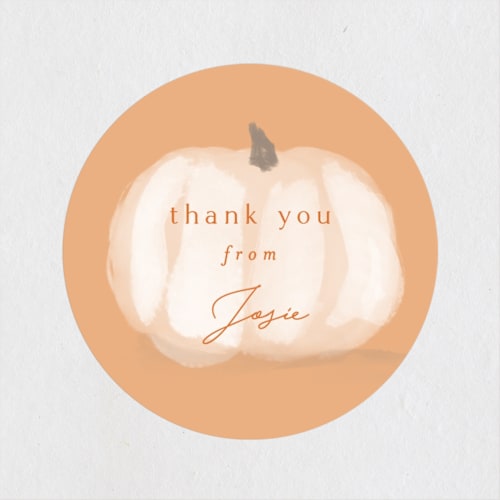 This is a pumpkin baby shower favor labels with standard by Rebecca Durflinger called autumn pumpkins printing on uncoated sticker paper in sticker