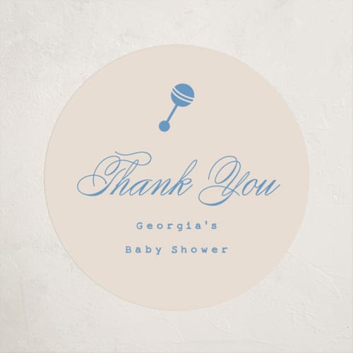 This is a powder blue baby shower favor labels with standard by Carolyn MacLaren called classic start printing on uncoated sticker paper in sticker