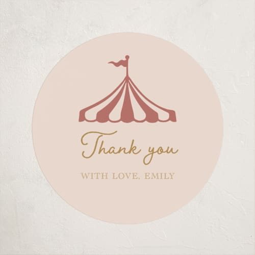 This is a mustard baby shower favor labels with standard by Rina Ozum called little circus printing on uncoated sticker paper in sticker