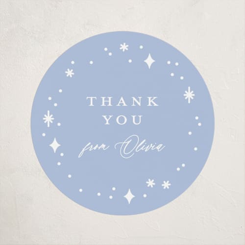 This is a baby blue baby shower favor labels with standard by Paper Raven Co. called bows & banners printing on uncoated sticker paper in sticker