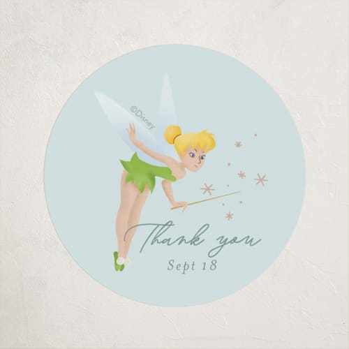 This is a sage baby shower favor labels with standard by frau brandt called disney’s tinkerbell magic printing on uncoated sticker paper in sticker