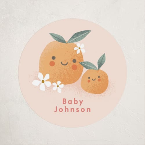 This is a peach baby shower favor labels with standard by Karidy Walker called little cutie oranges printing on uncoated sticker paper in sticker