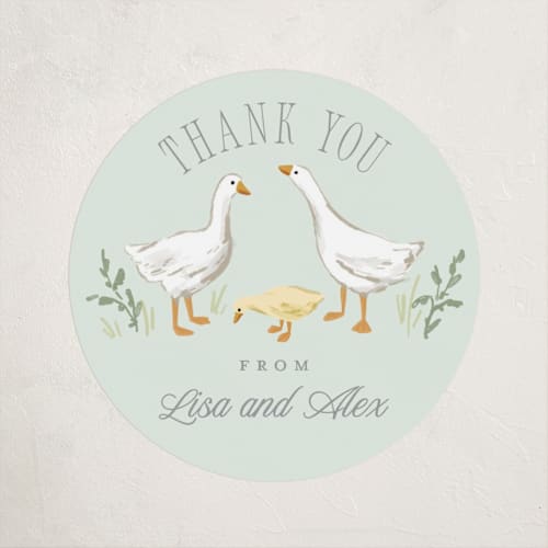 This is a mint baby shower favor labels with standard by Everett Paper Goods called storybook geese printing on uncoated sticker paper in sticker