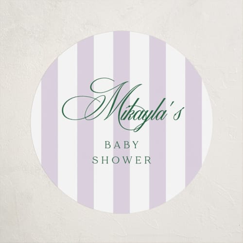 This is a lilac baby shower favor labels with standard by Kelly Schmidt called resort printing on uncoated sticker paper in sticker