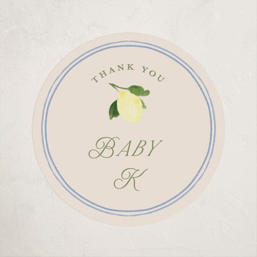 This is a rome baby shower favor labels with standard by Claudia Orengo called limoncello printing on uncoated sticker paper in sticker
