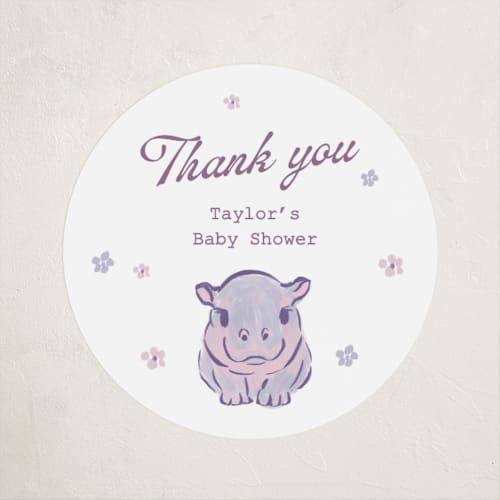 This is a cream baby shower favor labels with standard by Cass Loh called baby hippo printing on uncoated sticker paper in sticker