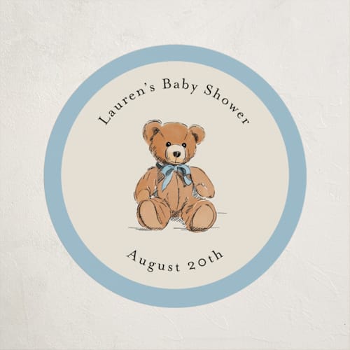 This is a frost baby shower favor labels with standard by Becky Nimoy called antique teddy bear printing on uncoated sticker paper in sticker