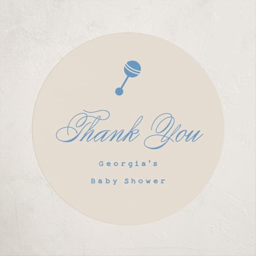 This is a powder blue baby shower favor labels with standard by Carolyn MacLaren called classic start printing on uncoated sticker paper in sticker