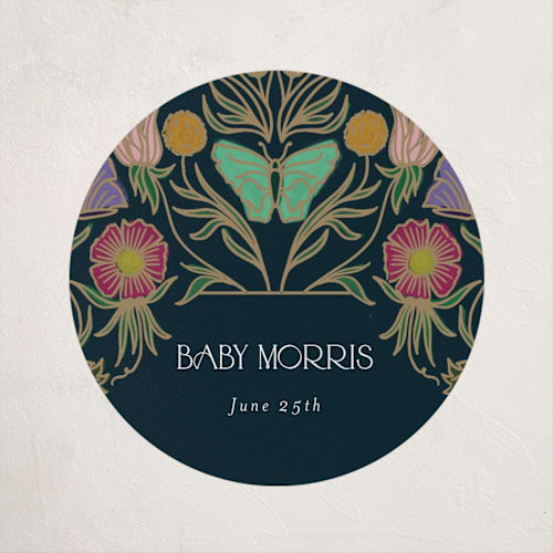 This is a midnight garden baby shower favor labels with standard by Simona Camp called gilded tapestry printing on uncoated sticker paper in sticker