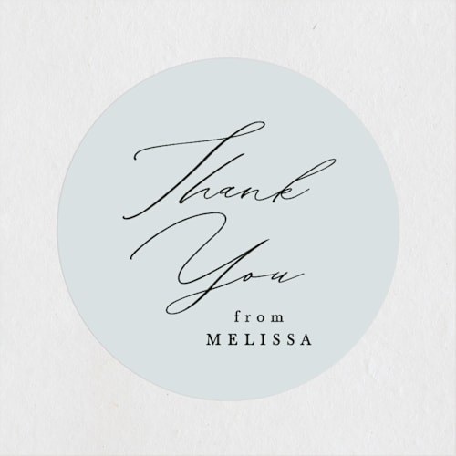 This is a dusty blue baby shower favor labels with standard by Amy Payne called simply elegant printing on uncoated sticker paper in sticker