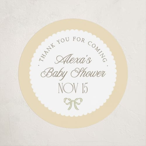 This is a lemon baby shower favor labels with standard by Robert and Stella called ribbon toss printing on uncoated sticker paper in sticker