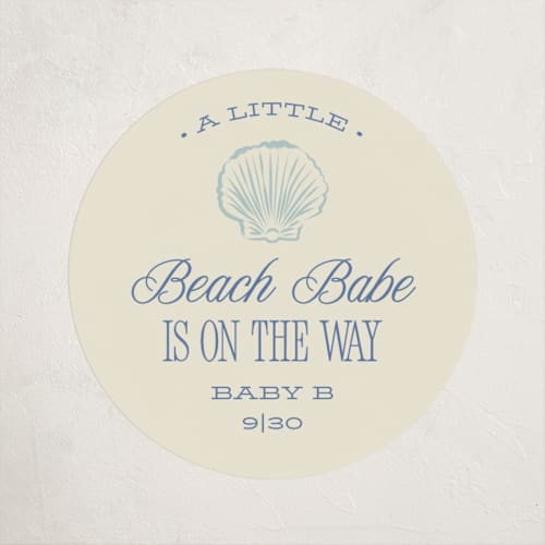 This is a ocean baby shower favor labels with standard by Robert and Stella called beach babe printing on uncoated sticker paper in sticker