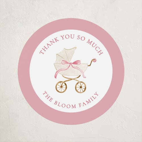 This is a peony baby shower favor labels with standard by Sarah Knight called graceful printing on uncoated sticker paper in sticker