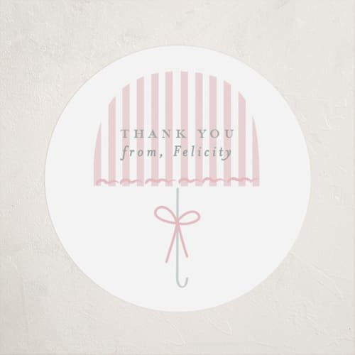 This is a rose baby shower favor labels with standard by Angela Thompson called bow brolly printing on uncoated sticker paper in sticker