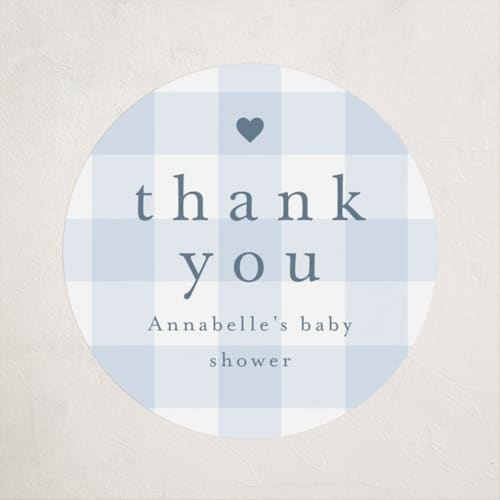 This is a baby blue baby shower favor labels with standard by Stacey Meacham called gingham mobile printing on uncoated sticker paper in sticker