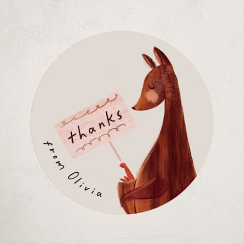 This is a cream baby shower favor labels with standard by Gwen Bedat called kangaroo pop printing on uncoated sticker paper in sticker