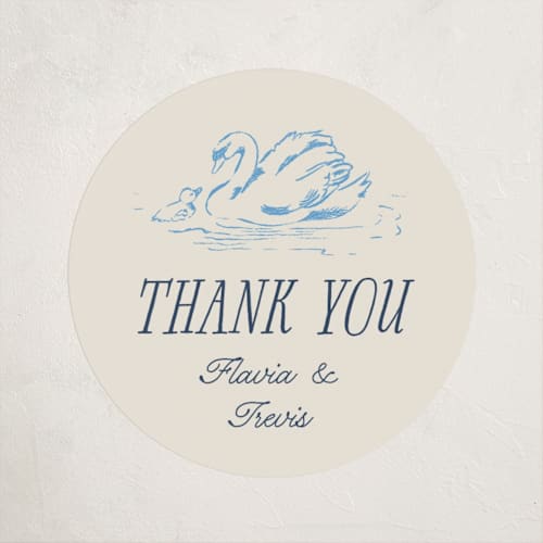 This is a bluebell baby shower favor labels with standard by Pati Cascino called sweet swan printing on uncoated sticker paper in sticker