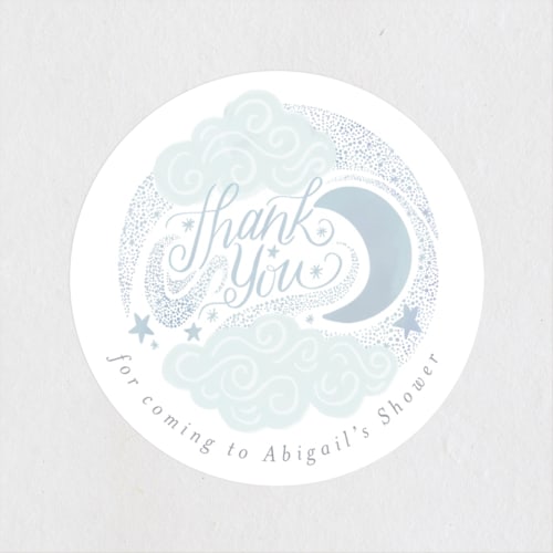 This is a celestial baby shower favor labels with standard by Joanna Griffin called over the moon printing on uncoated sticker paper in sticker