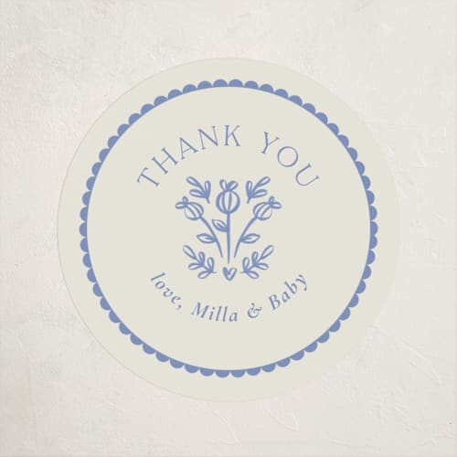 This is a cobalt baby shower favor labels with standard by Ana Sharpe called bloomy baby printing on uncoated sticker paper in sticker