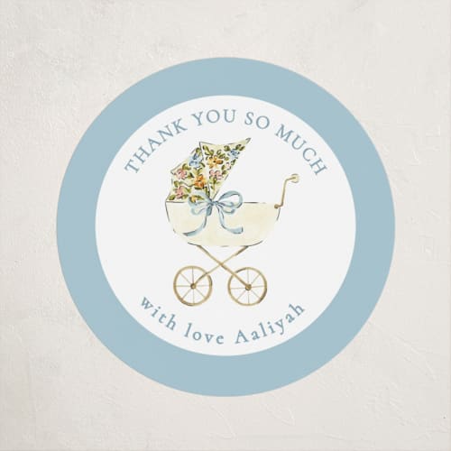 This is a sky baby shower favor labels with standard by Sarah Knight called pram printing on uncoated sticker paper in sticker
