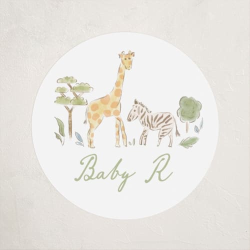 This is a jungle baby shower favor labels with standard by Creo Study called a wild one printing on uncoated sticker paper in sticker
