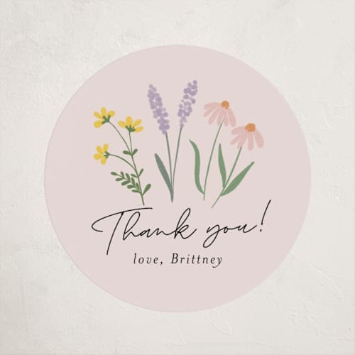 This is a pastel baby shower favor labels with standard by Itsy Belle Studio called she's a wildflower printing on uncoated sticker paper in sticker