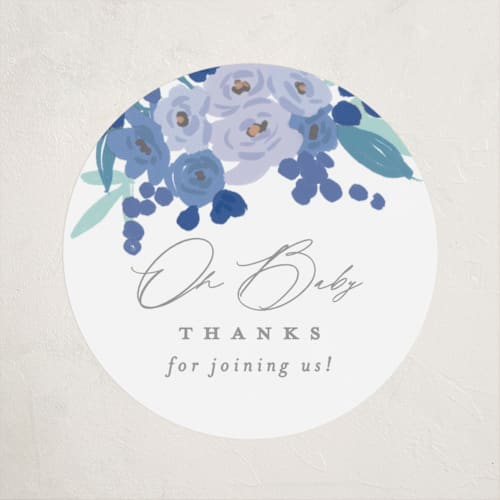 This is a snow baby shower favor labels with standard by Everett Paper Goods called pram bouquet printing on uncoated sticker paper in sticker