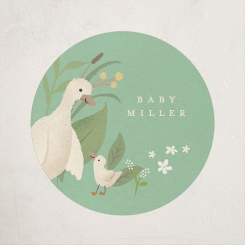 This is a mint baby shower favor labels with standard by Jennifer Wick called storybook printing on uncoated sticker paper in sticker